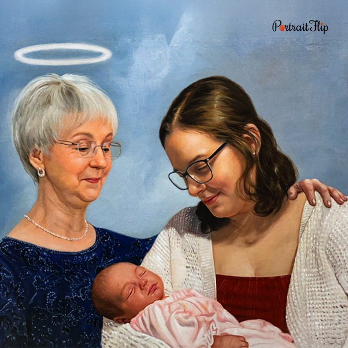 Memorial acrylic painting of three generations with angel halo